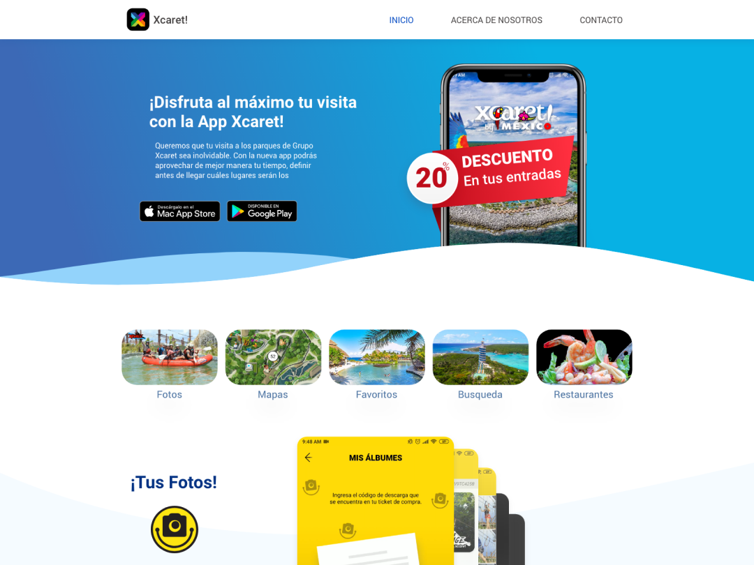 Xcaret App Landing page